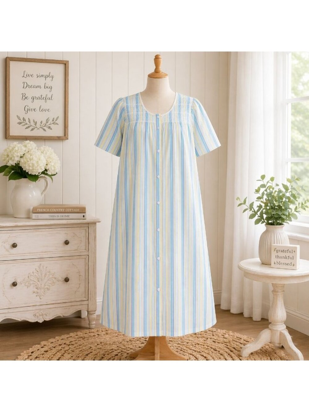 Secret Treasures Nightgown Size M Stripe Snap Front House Dress Short Sleeve